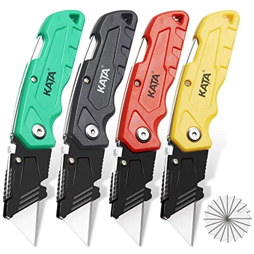 KATA 4-PACK Folding Utility Knife, Heavy Duty Box Cutter with 20pcs SK5 Quick Change Blades, Safety Lock Back Design, Used for Cutting Cartons, Cardboards and Boxes