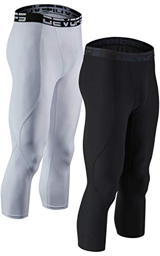 DEVOPS 2 Pack Men's 3/4 Compression Pants Athletic Leggings (Large, Black/White)
