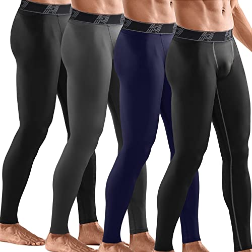 HOPLYNN 4 Pack Compression Pants Tights Leggings Men, Winter Baselayer for Running Workout Sports Yoga-2 Black 1 Grey 1 Blue-XL