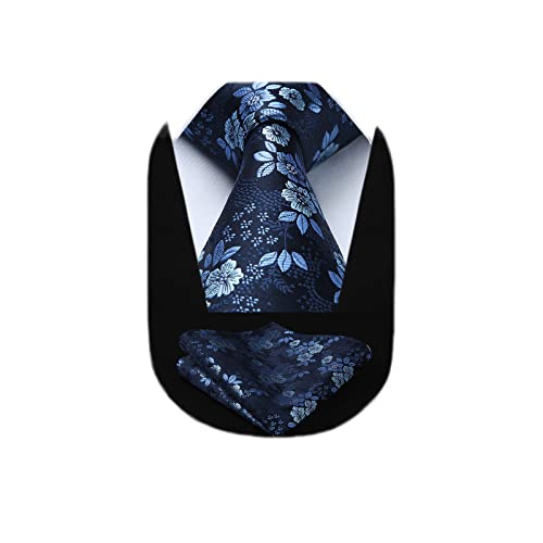 HISDERN Men's Floral Tie Handkerchief Jacquard Woven Classic Men's Necktie & Pocket Square Set,Navy Blue,8.5cm / 3.4 inches in Width