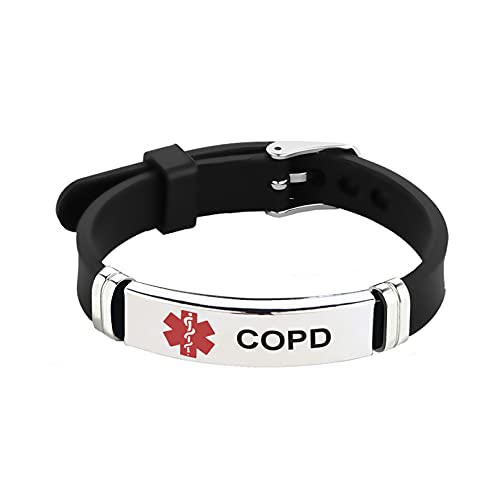 TGLS Red Medical Alert COPD Bracelet ID Emergency First Aid Bracelet Laser Engraved Adjustable Silicone Bangle Wristband Cuff Bracelet for Men Women