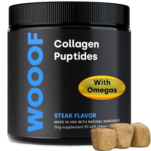 WOOOF Collagen Puptides - Collagen for Senior & Adult Dog Joints | with Bovine Collagen & Marine Collagen. for Dogs Joints, Cartilage, Skin & Coat. Includes Omega 3s. Tasty Steak Flavor