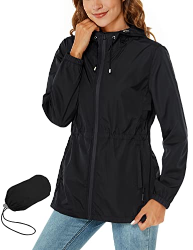 Avoogue Women's Lightweight Travel Trench Raincoat Hoodie Waterproof Hiking Coat Packable Rain Jacket Black M