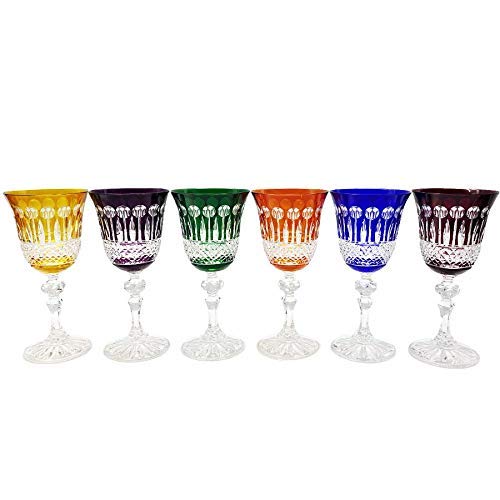 6 Red White Wine And Water Crystal Glasses - 6 Colors Assortments - Roemer Service Diamant(5,7 fl oz) - Klein House - Company : Artisan du Cristal - Gift Set - Stamped : Klein 54120 Baccarat France