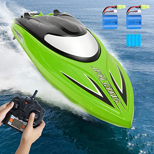 Zyerch RC Boat - Remote Control Boat for Pools and Lakes, 25 km/h Fast RC Boats for Adults and Kids, 2.4Ghz Self-Righting Racing Boats with 2 Rechargeable Battery, Low Battery Alarm, Green