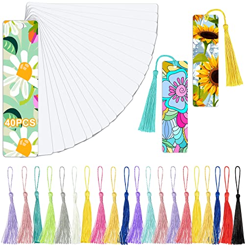 40Pcs Heat Transfer Sublimation Blank Metal Bookmark, Aluminum DIY Bookmarks with Colorful Tassels for Keychains Craft Projects Birthday Present Tags