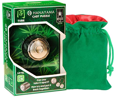 Tube Hanayama Puzzle, New 2023, Level 5, with Green Velvet, Red Satin Lined Drawstring Pouch, Bundled