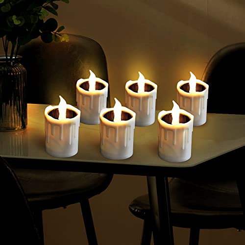 Solar Flameless Candles light Outdoor Waterproof,Solar Rechargeable Tea Wax lamp Dusk to Dawn Outdoor Lighting, 6 Pcs of Flashing Solar LED Candle Light for Lantern Garden Camping Party Decor, Yellow