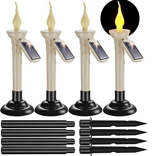 PChero Solar Taper Candles with Holders, 4 Packs Waterproof Rechargeable Flickering Tapered Candlesticks with Dusk to Dawn Light Sensor for Outdoor Garden Patio Table Windowsill Decor