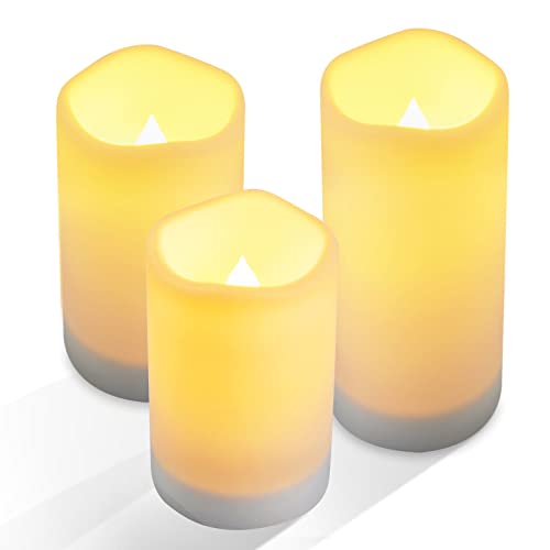 NURADA Large Outdoor Solar Powered Candles - Flameless Pillar Waterproof Rechargeable Candle Set, White Resin, LED Light,Rechargeable Solar Battery Included, for Patio Decor, 3.25"x4"5" 6"