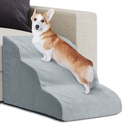 Urban Deco Dog Stairs and Ramp for High Beds Couch, Pet Stairs for Small Dog Cat, 3 Steps High Density Foam Dog Steps Suitable for Elderly Dogs, Pets with Joint Pain (Gray)