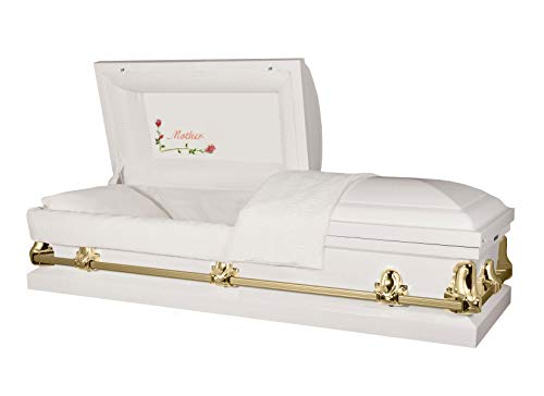 Titan Casket Orion Panel Collection (White & Gold, Mother) Handcrafted Funeral Casket - White & Gold with White Crepe Interior & 'Mother' Head Panel