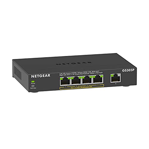 NETGEAR 5-Port Gigabit Ethernet Unmanaged PoE Switch (GS305P v2) - with 4 x PoE+ @ 63W, Desktop or Wall Mount