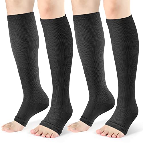 cerpite Open Toe Compression Socks Women & Men-2 Pairs 15-20 mmHg Knee High Graduated Toeless Compression Socks (2X-Large, A - BLACK)