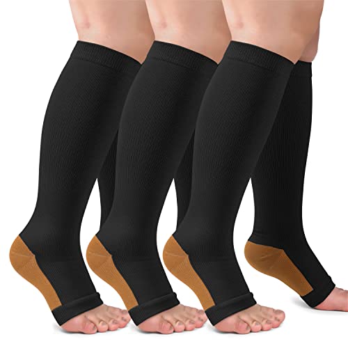 3 Pack Open Toe Compression Socks for Women & Men, 20-30mmHg Toeless Knee High Stockings for Circulation Support, Copper Black Large-X-Large