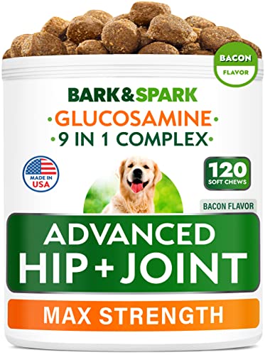 BARK&SPARK Glucosamine Dog Treats - Senior Advanced Joint Health w/Chondroitin, Omega-3 - Old Dog Joint Pain Relief Supplement - Hip & Joint Care - Made in USA - Bacon Flavor - 120 Soft Chews