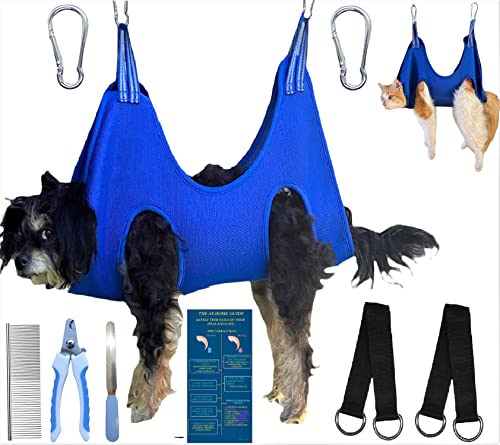 VetSeals 10 in 1 Dog Grooming Hammock Harness for Dogs and Cats- Breathable Dog Hammock for Grooming, Dog Grooming Helper for Nail Trimming/Clipping with Self Locking Carabiners, Safe Trimming Guide
