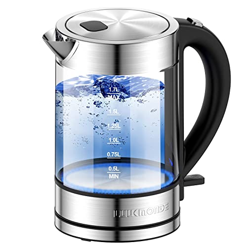 LUUKMONDE Electric Kettle 1500W,1.7L Borosilicate Glass Tea Kettle with LED Light, Water Kettle Electric Fast Boiling, Auto Shut-Off and Boil-Dry Protection, BPA Free