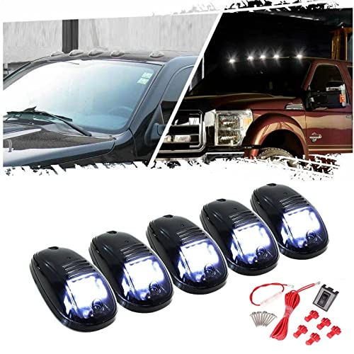 Banpo 5 X Cab Marker Light, Smoke Lens White LED Housing Cab Roof Running Lights, Accessories Light Sets w/Wiring Pack Compatible with 2003-2018 Dodge Ram 2500 3500 Pickup Trucks
