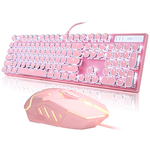 Retro Typewriter Keyboard and Mouse Combo, Cute Pink Keyboard with Linear Red Switches, Full Size Wired Mechanical Gaming Keyboard, Cool Light Up Keyboard and Mouse for Gaming,Work,Mac,PC,Windows