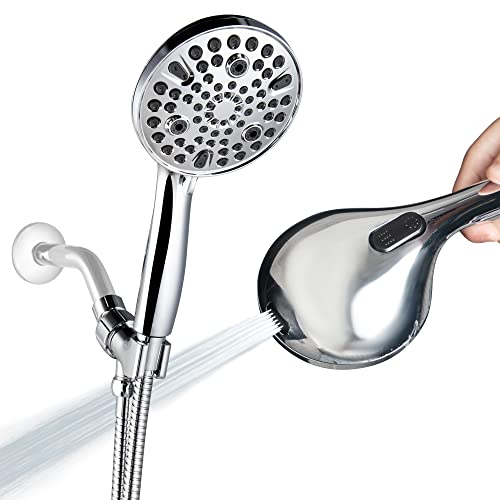 High Pressure Handheld Shower Head, 10-Setting Showerhead, 4.7Detachable Showerhead Set with 5ft Hose, Adjustable Bracket and Built-in Power Wash to Clean Tub, Tile & Pets - Polished Chrome