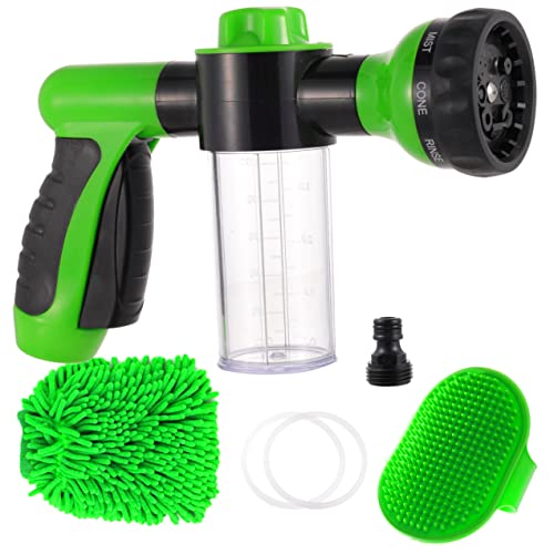 High Pressure Hose Spray Nozzle 8 Way Spray Pattern with 3.5oz/100cc Soap Dispenser Bottle Snow Foam Gun for Lawn, Clean Plants, Car Wash,Showering Pet,Garden Hose Nozzle,(Green)