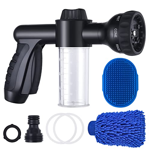 Garden Hose Nozzle, Hose Soap Sprayer Attachment, Car Wash Hose Sprayer With Soap Dispenser Bottle & Dog Rubber Comb Brush, Dog Bathing Sprayer for Pet Showering, Car Washing, Watering Plants, Patio