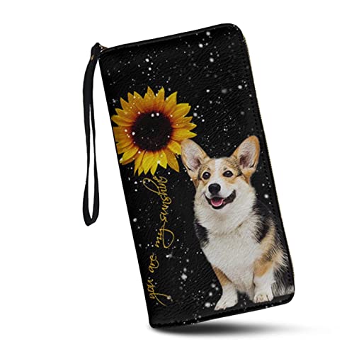 SCRAWLGOD Women Sunflower Cute Wallets Corgi You are my Sunshine Print Ladies Around Zipper Long Purse Credit Card Holder Clutch Bag Wristlet Black