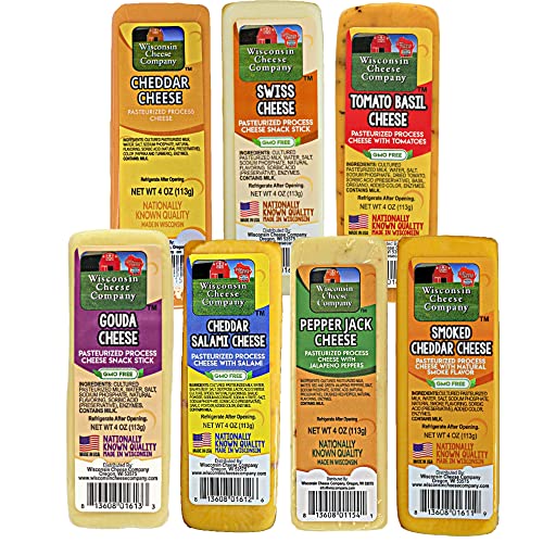 WISCONSIN CHEESE COMPANY'S - Specialty Cheese Blocks, Assortment Sampler of Wisconsin Cheeses, (7-4 oz. Blocks) Cheddar, Pepper Jack, Swiss, Gouda, Cheddar Salami, Smoked Cheddar and Tomato Basil. Cheese for Crackers.