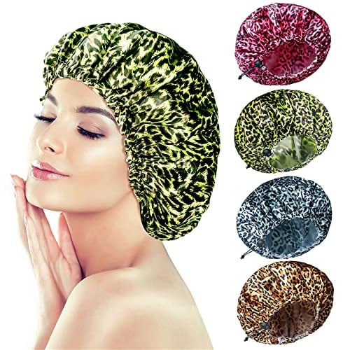 4 Pack Shower Caps, Adjustable Large Shower Caps for Women Long Hair, Reusable Double Layer Waterproof Shower Hair Bath Cap, Stylish Satin Hair Bonnet, Soft Comfortable PEVA Lined Shower Hat for All Hair Lengths and Thickness