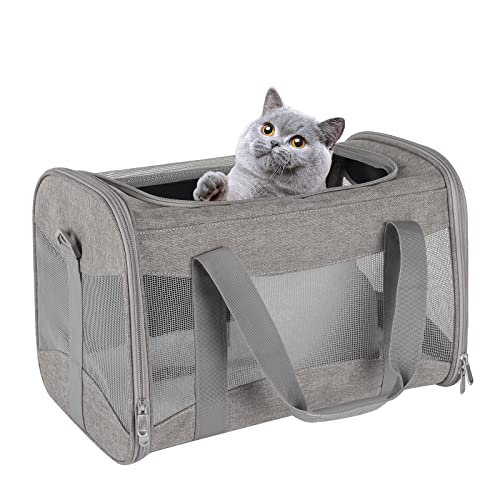 Cat Carrying Case - Pet Carrier Airline Approved, Protable and Breathable Pet Travel Carrier Removable Fleece Pad, Collapsible Cat Carrier Dog Carrier for Medium Cats Small Cats Dogs (M Grey)