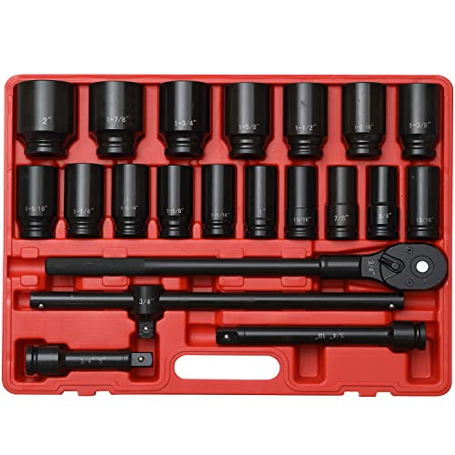 ZOYAKKI 3/4" Drive Impact Socket Set, 21 Piece Deep Socket Assortment, 6-Point Deep Imperial Sizes (3/4-Inch to 2-Inch) | Cr-Mo Steel Includes Adapters and Ratchet Wrench Andextension Rod