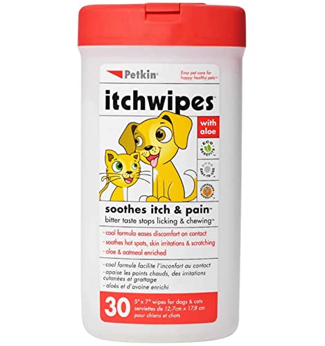 Petkin Anti Itch Wipes for Dogs and Cats - Soothes Hot Spots, Skin Irritations and Scratching - Bitter Taste Stops Licking and Chewing - Super Convenient, Ideal for Home or Travel - 30 Wipes
