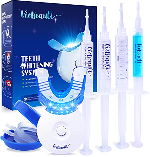 VieBeauti Teeth Whitening Kit - 5X LED Light Tooth Whitener with 35% Carbamide Peroxide, Mouth Trays, Remineralizing Gel and Tray Case - Built-In 10 Minute Timer Restores Your Gleaming White Smile