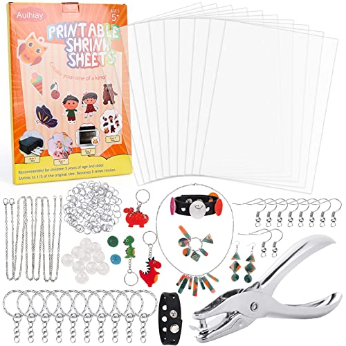 Auihiay 144 PCS Printable Shrinky Dink Sheets Kit Include 10 Sheets Semitransparent Shrink Films Papers (8.3 x 11.6 inch) for Inkjet Printer, 134 DIY Accessories, Creative Crafts for Kids All Ages