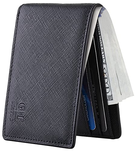 Gostwo Mens Slim Minimalist Front Pocket Wallet Genuine Leather ID Window Card Case(Cros Black)