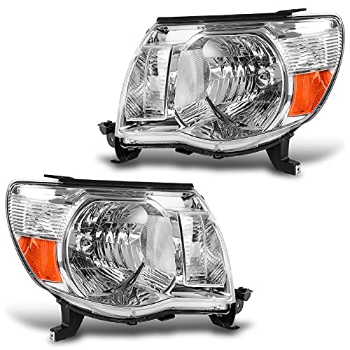 DWVO Headlight Assembly Compatible with 2005 2006 2007 2008 2009 2010 2011 Tacoma Pickup Truck OE Style Replacement Chrome Housing with Amber Reflector