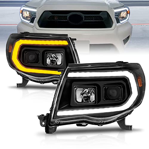 AmeriLite for 2005-2011 Toyota Tacoma C-Type LED Tube Signal Square Projector Black Headlights Pair - Passenger and Driver Side
