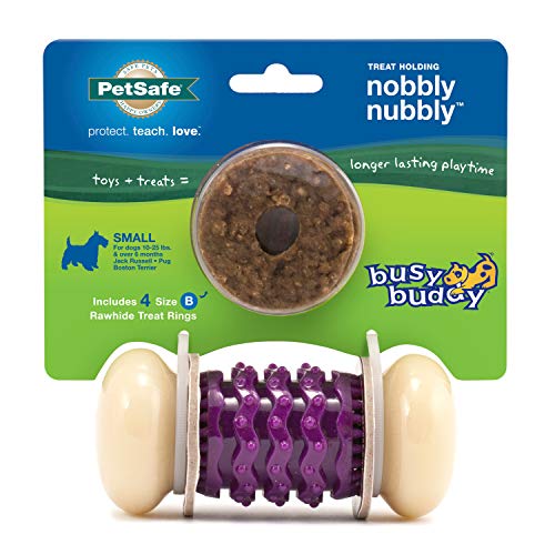 PetSafe Busy Buddy Nobbly Nubbly Treat Holding Dog Toy  Strong Chewers  Challenging - Treat Rings Included - Small, multi color