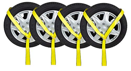 Mytee Products (4 Pack 2" x12' Winch Lasso Strap with O Ring, Yellow - Car Tie Down Tire Straps for Trailers Auto Tow Car Hauler Wheel Net