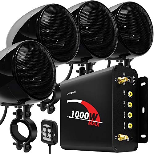 GoHawk TN4-Q 1000W 4 Channel Amplifier 4" Full-Range Waterproof Bluetooth Motorcycle Stereo Speakers Audio System AUX USB SD Radio for 1-1.5" Handlebar Harley Touring Cruiser ATV