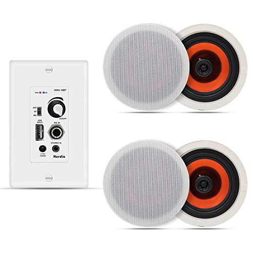 Herdio 6.5'' Bluetooth in Wall in Ceiling Speakers 600W 2-Way Flush Mount Speakers System with Wall Amplifier Receiver for Home Theater Office Bathroom(2Pairs, Paintable-Grille)