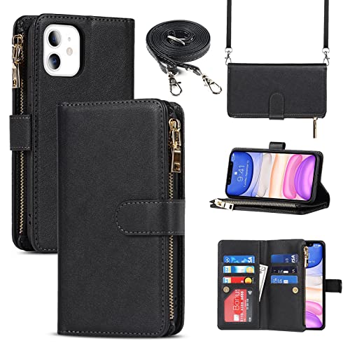 Jaorty iPhone 11 Phone Case Wallet for Women, iPhone 11 Case with Card Holder, Crossbody Case with Credit Card Holders and Slots Zipper Lanyard Strap Leather Cases for Men,6.1 Inch Black