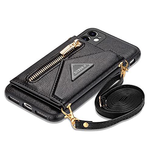 SZHAIYU Wallet Crossbody for iPhone 11 Phone Case with Lanyard Strap Credit Card Holder, PU Leather Protective Handbag Zipper Purse Kickstand Cover Women Girl (Black)