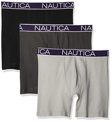 Nautica Men's 3-Pack Classic Underwear Cotton Stretch Boxer Brief, Black/Charcoal/Alloy, Medium