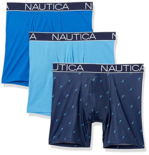 Nautica Men's Brushed Poly 3 Pack Boxer Brief, Sea Cobalt/Aero Blue/Sail Print-Peacoat, Large