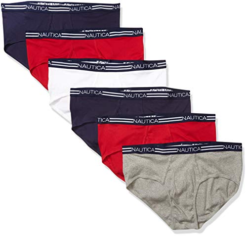 Nautica Men's Cotton Classic Multipack Briefs, Peacoat Red/Heather Grey/White-6 Pack, XL