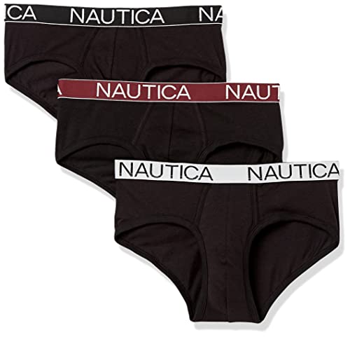 Nautica Men's 3 Pack Cotton Stretch Brief, Black-Black/Tawny Port/White Waistband, Medium
