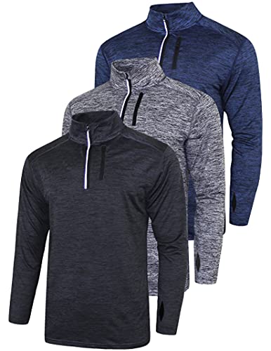 Liberty Imports Pack of 3 Men's Performance Quarter Zip Pullovers with Pockets, Quick Dry Active Long Sleeve Shirts (Set 1, Large)