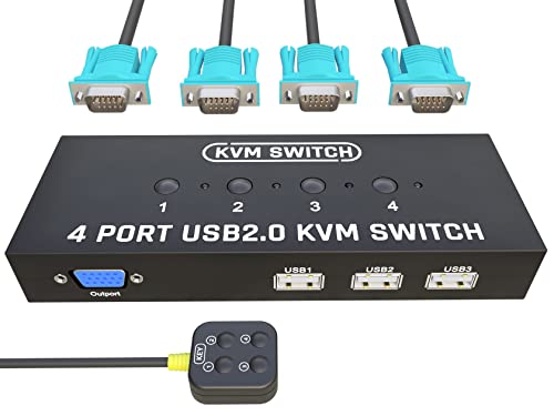 KVM Switch VGA 4 Port - VGA KVM Switch for 4 Computers Share 1 Monitor & 3 USB 2.0 Devices,Keyboard Mouse Scanner Printer,U Disk, Driver-Free for All OS,4 KVM Cables 1 Desktop Controller Included